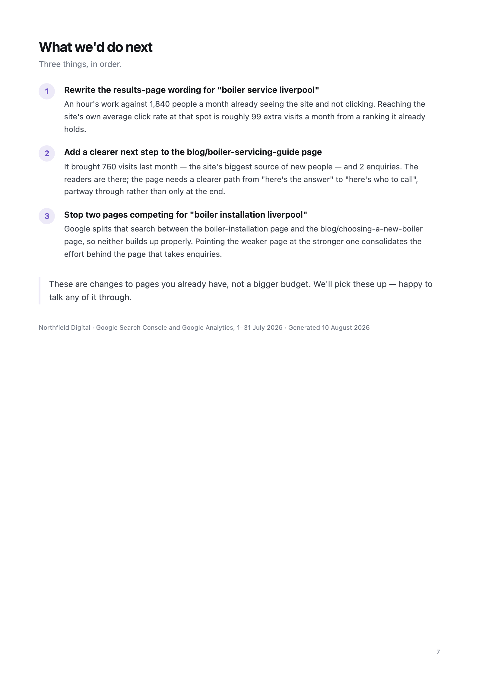 What we'd do next: three prioritised recommendations sized in visits
